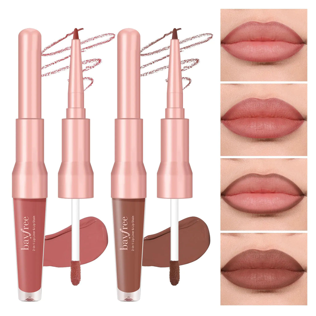 bayfree 2 PCS Lip Liner and Lip Stain Combo Set High Pigmented Long Lasting Velvet Lip Tint Well-Defined Lipliner Weightless Waterproof Not Animal Tested Matte Finish Makeup